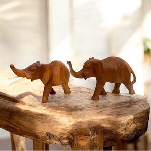 Two Vintage Kenyan Hand Carved Wood Elephant Figurine